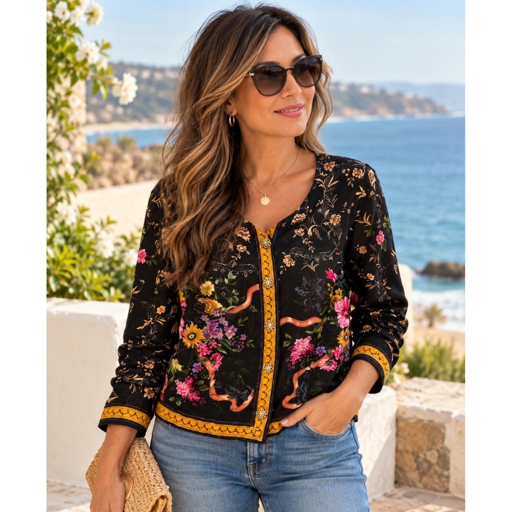 Botto Italy Wool Blend Floral Cardigan Sweater Black Boho Cottage 44 Size S/M